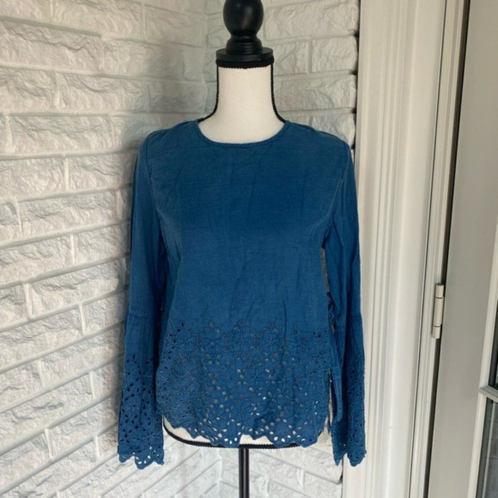 Blue Patterned Bell-Sleeve Top